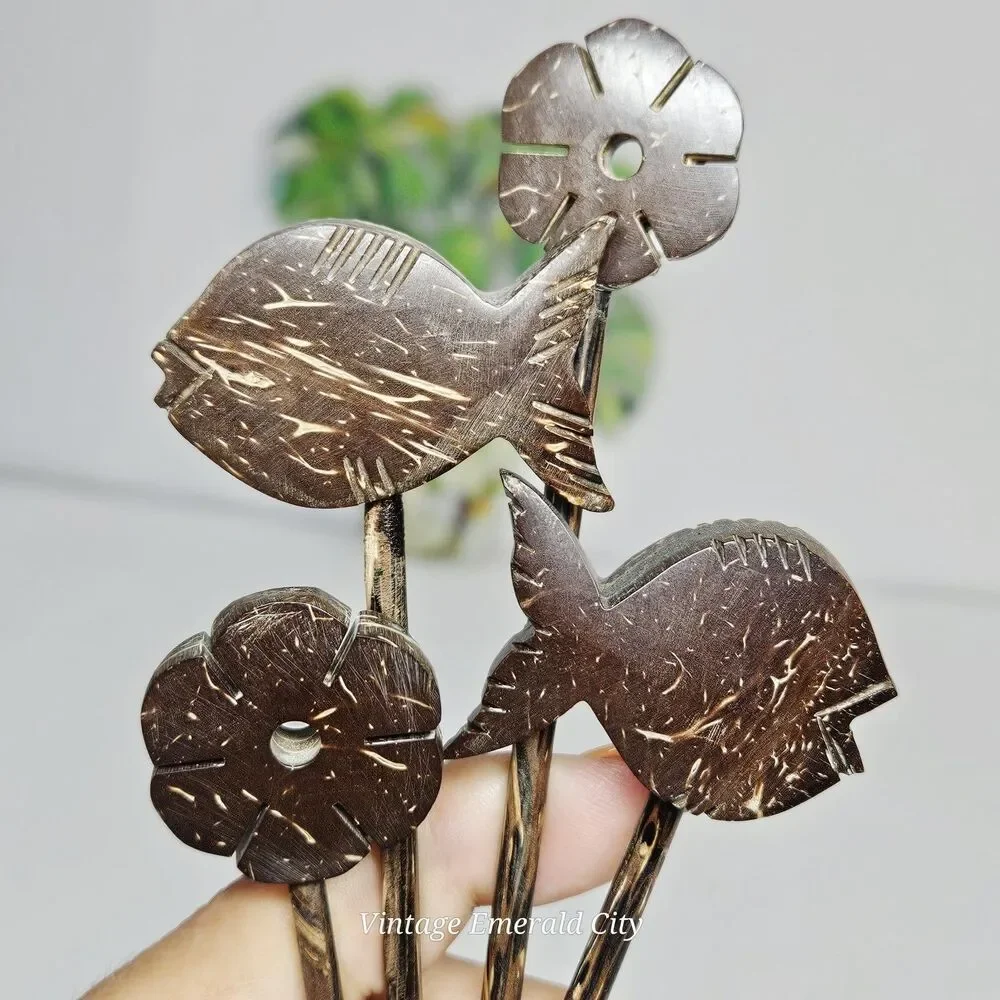 Vtg Coconut Drink Stirs Sticks Fish Flower Mini Spoons Luau Tiki Bar Beach Party